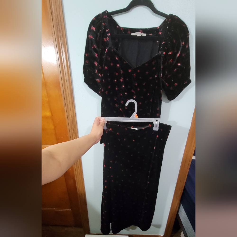 Black Top & Skirt with Red Floral Pattern